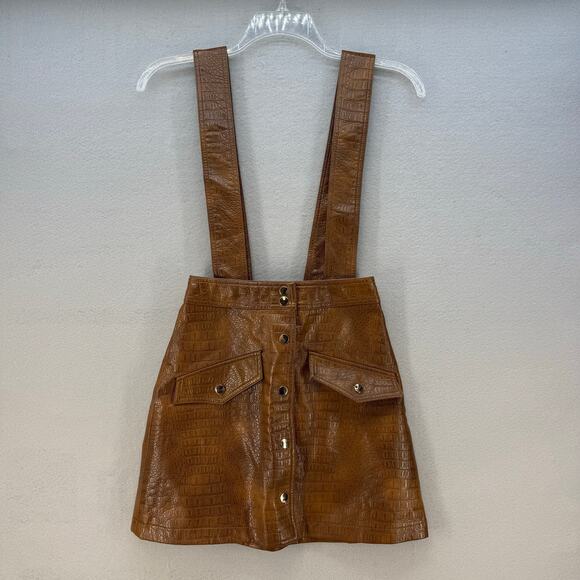 Zara Dresses & Skirts - Zara Skirt Women's XS Brown Croc Embossed Vegan Leather Suspenders Miniskirt